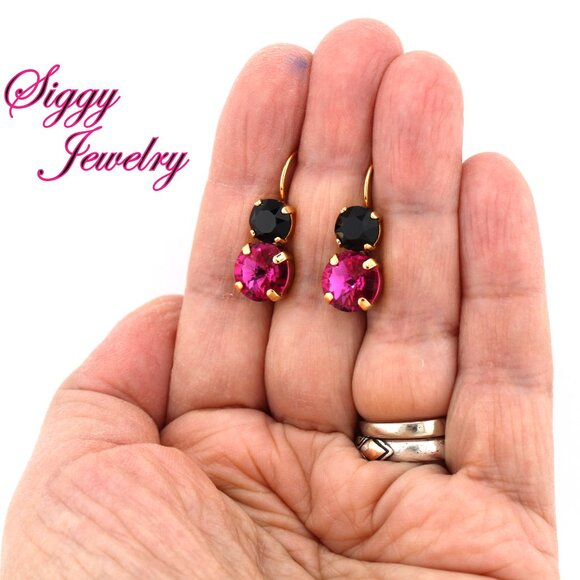 Fuchsia and Jet Black Crystal Earrings in Gold Plated Lever Back Settings - Picture 7 of 7